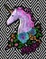 Fantasy unicorn embroidery patch sticker. Pink violet mane horse flower arrange poppy rose on geometric stripe