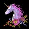 Fantasy unicorn embroidery patch sticker. Pink violet mane horse flower arrange poppy rose ornament. Cartoon badge magic