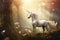 Fantasy unicorn in enchanted forest. Digital art with magical wildlife theme