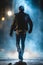 fantasy urban young man walking down a foggy spooky alley. back lit by smoke and pollution.