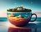 Fantasy view on a city by the sea floats in a large cup, island, Background, poster or postcard. AI Generated