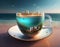 Fantasy view on a city by the sea floats in a large cup, island, Background, poster or postcard. AI Generated