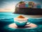 Fantasy view on a city by the sea floats in a large cup, island, Background, poster or postcard. AI Generated