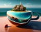 Fantasy view on a city by the sea floats in a large cup, island, Background, poster or postcard. AI Generated