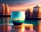 Fantasy view on a city by the sea floats in a large cup, island, Background, poster or postcard. AI Generated