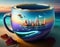 Fantasy view on a city by the sea floats in a large cup, island, Background, poster or postcard. AI Generated