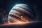 A fantasy view of Jupiter in space showcases the planet\\\'s massive size and distinctive atmosphere.