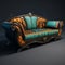 Fantasy Vintage Sofa 3d Artist Model With Dark Amber And Turquoise Style