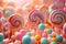 Fantasy volumetric colorful lollipops scene with soft sunlight glow, whimsical candy treats