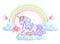 Fantasy watercolor pencil drawing of mythical sleeping Unicorn on cloud against rainbow and fabulous flowers