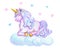 Fantasy watercolor pencil drawing of mythical sleeping Unicorn on cloud against small hearts background
