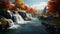 Fantasy waterfall surrounded by autumn trees and beautiful flowers in idyllic landscape