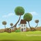 Fantasy wildlife landscape in cartoon style. Brick house with a tiled roof, hilly area, giant trees, meadow, path. Cute rustic