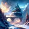 Fantasy winter landscape with castle and bridge. Digital painting illustration. generative AI