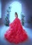 Fantasy woman princess in skirt lush pink neon bright color dress ball gown back rear view. Queen girl fashion model