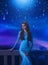 Fantasy woman princess stands on balcony looks at night sky space cosmos stars. Girl enjoy magic starfall ball. Elegant