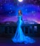 Fantasy woman princess stands on balcony looks at night sky space cosmos stars. Girl enjoy magic starfall ball. Elegant
