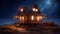 Fantasy wooden cottage in night magical Deep space. Large wooden house. AI Generative