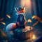 Fantasy woodland scene with a little fox sitting on a tree stump AI Generated