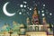 Fantasy world of arabian nights in the Global village in Dubai, United Arab Emirates at a starry night with a glowing crescent on