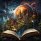Fantasy world rising from the pages of an open. Concept of reading magic, make believe, imagination. Digital