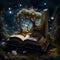 Fantasy world rising from the pages of an open. Concept of reading magic, make believe, imagination. Digital