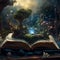 Fantasy world rising from the pages of an open. Concept of reading magic, make believe, imagination. Digital