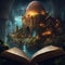 Fantasy world rising from the pages of an open. Concept of reading magic, make believe, imagination. Digital