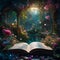 Fantasy world rising from the pages of an open. Concept of reading magic, make believe, imagination. Digital