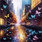 Fantasy world. The street is full of butterflies. Colorful butterflies flutter along the street with skyscrapers.