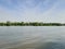 Far natural peaceful view of green tree on river shore from opposite shore of river