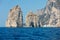 Faraglioni Rocks on Capri Island, Italy. Rock`s names left to left: Stella, Mezzo and Scopolo or Fuori