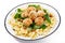 Farfalle pasta with meatballs and spinach sauce with fried chickpeas.