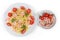 Farfalle pasta with shrimp and tomatoes, ingredients, top view