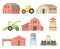 Farm agricultural buildings and industrial vehicles agricultural machinery, Barn, silo tower, windmill, tractor flat