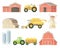 Farm agricultural buildings and industrial vehicles agricultural machinery flat vector illustration