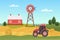 Farm agricultural tractor on village lands, countryside ranch landscape with haystacks