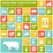 Farm and agriculture flat icons on colorful square buttons. Vector.