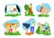 Farm animal and happy girl boy, set vector illustration. Cute child people character with domestic pet lama, ostrich