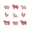 Farm animal outline icon set. Pig, cow, lamb, chicken, turkey, r