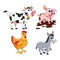 Farm animal set. Cow, pig,  donkey, hen  design isolated on white background. Cute cartoon animals collection Vector illustration