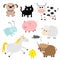 Farm animal set. Dog, cat, cow, rabbit, pig, ship, mouse, horse, chiken, bull. Baby background. Flat design style.