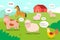 Farm animals background. Cartoon funny domestic animals on meadow with speech bubbles and sounds, farmyard inhabitants