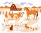Farm animals on the background of the rural landscape. Vector illustration in flat cartoon style.