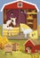 Farm animals in barn and dog lies