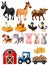 Farm animals with barn and tractor