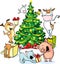 Farm animals celebrate Christmas under the tree - vector illustration isolated
