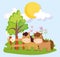 Farm animals couple horses flowers fence and tree