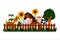 Farm animals, cow and calf, pig, sheep, horse are standing at the fence, sunflowers, corn, apple tree are blooming.