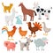 Farm animals. Cow, horse and rabbit, dog and turkey, sheep and pig, cock and chicken, goat and cat, goose vector cartoon